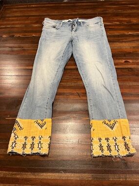 Pilcro and the Letterpress Light Wash Flare Jeans with Yellow Embroidered Cuff